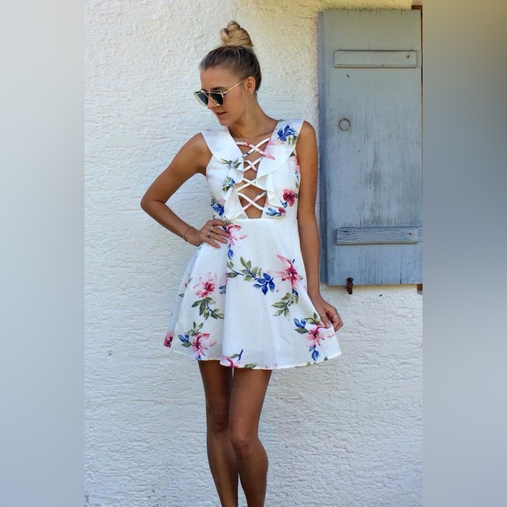 Floral Lace-Up White Dress NWOT